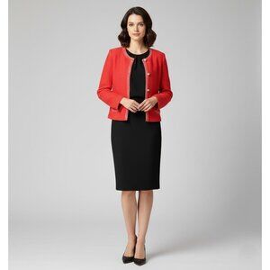 NWT St. John Basics Tweed Knit Jacket in Hibiscus Red Pearl Button Sweater 12